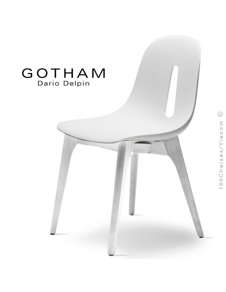 Chaise design GOTHAM-W, assise coque plastique, piétement bois.