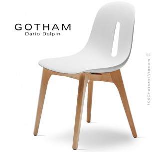 Chaise design GOTHAM-W, assise coque plastique blanc, piétement bois hêtre massif vernis naturel.