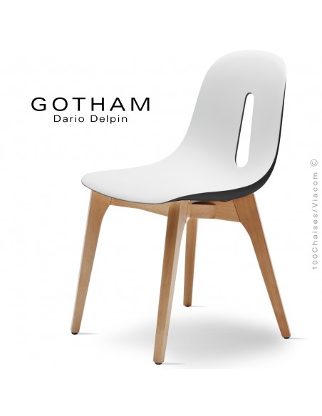 Chaise design GOTHAM-W, assise coque plastique, piétement bois.