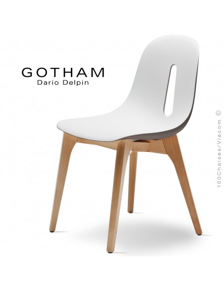 Chaise design GOTHAM-W, assise coque plastique, piétement bois.