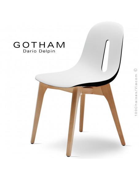 Chaise design GOTHAM-W, assise coque plastique, piétement bois.