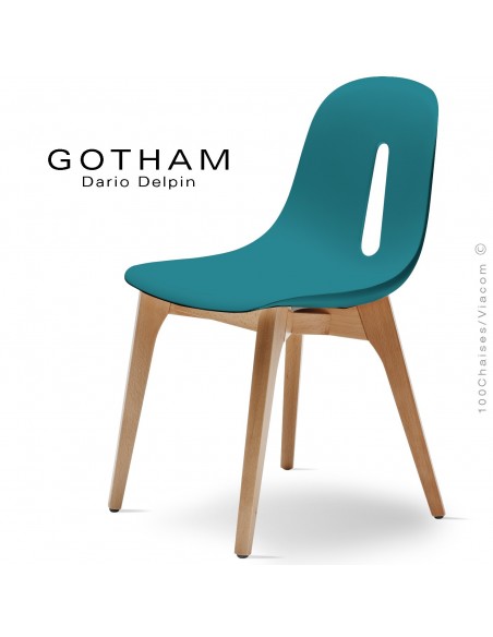 Chaise design GOTHAM-W, assise coque plastique bleu pétrole, piétement bois hêtre massif vernis naturel.