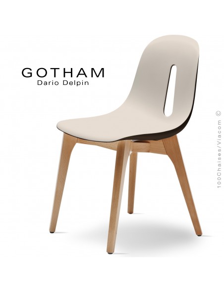 Chaise design GOTHAM-W, assise coque plastique, piétement bois.