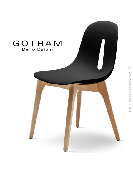 Chaise design GOTHAM-W, assise coque plastique, piétement bois.