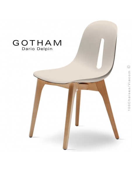 Chaise design GOTHAM-W, assise coque plastique, piétement bois.