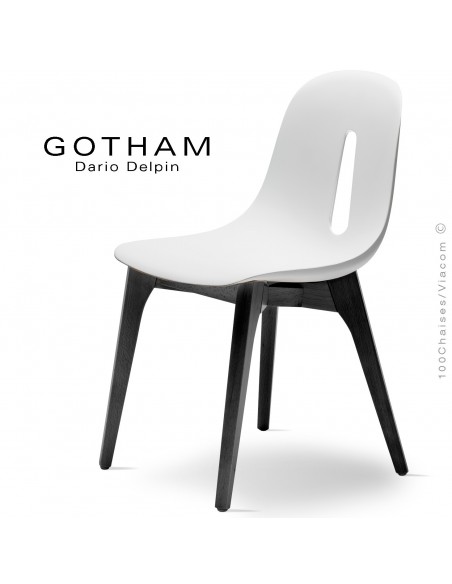 Chaise design GOTHAM-W, assise coque plastique, piétement bois.