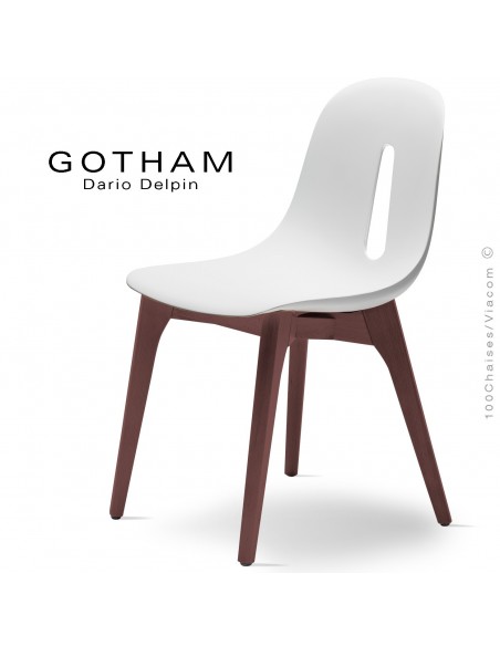 Chaise design GOTHAM-W, assise coque plastique, piétement bois.