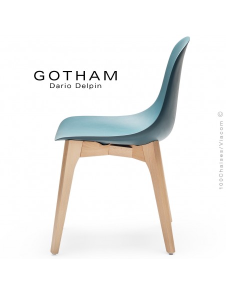 Chaise design GOTHAM-W, assise coque plastique bleu pétrole, piétement bois hêtre massif vernis naturel.