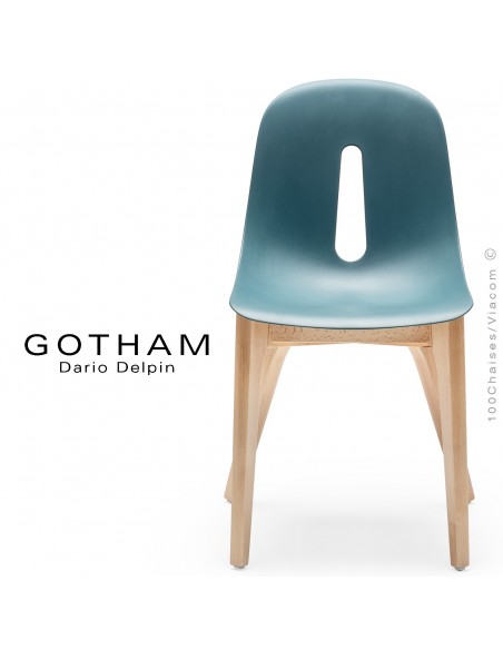 Chaise design GOTHAM-W, assise coque plastique bleu pétrole, piétement bois hêtre massif vernis naturel.