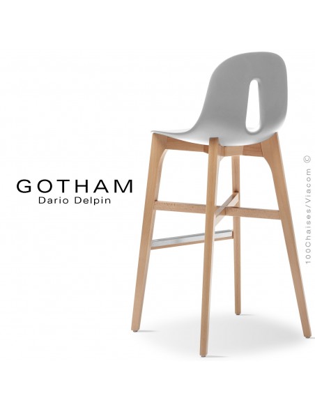 Tabouret de bar GOTHAM-W-SG-80, piétement bois, assise coque plastique.