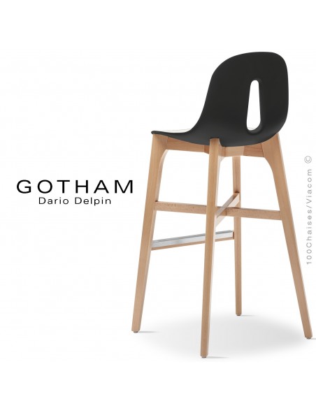 Tabouret de bar GOTHAM-W-SG-80, piétement bois, assise coque plastique.