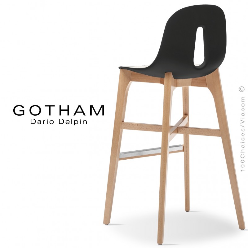 Tabouret de bar GOTHAM-W-SG-80, piétement bois, assise coque plastique.