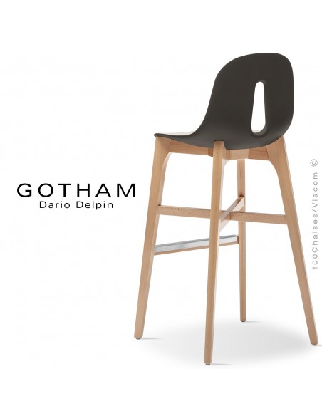 Tabouret de bar GOTHAM-W-SG-80, piétement bois, assise coque plastique.