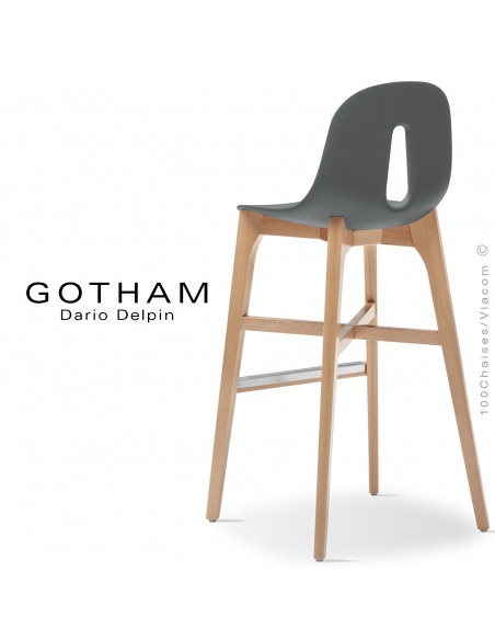 Tabouret de bar GOTHAM-W-SG-80, piétement bois naturel, assise coque plastique gris.