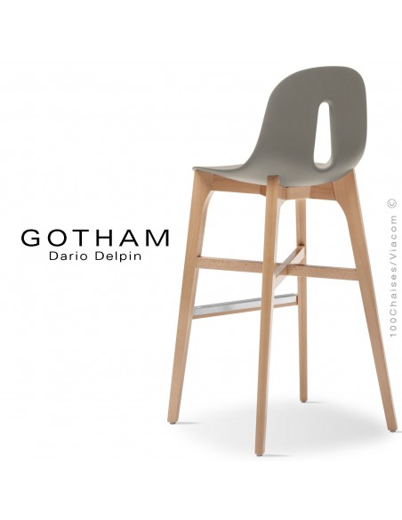 Tabouret de bar GOTHAM-W-SG-80, piétement bois naturel, assise coque plastique couleur sable.