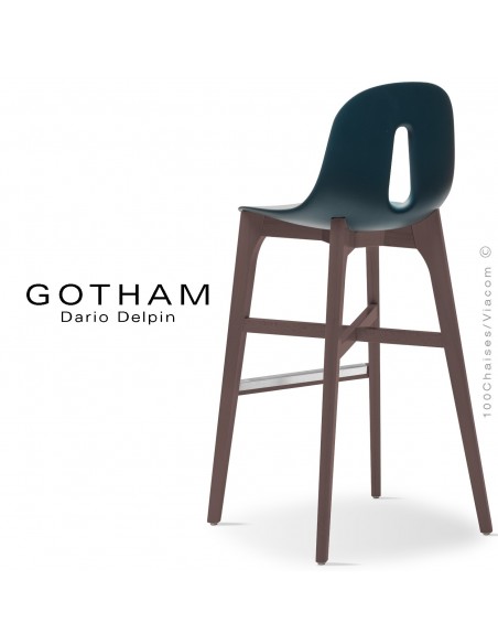 Tabouret de bar GOTHAM-W-SG-80, piétement bois teinté noyer, assise coque plastique bleu pétrole.
