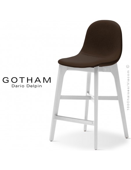 Tabouret de cuisine GOTHAM-WS-SG-65, piétement bois blanc, assise garnie tissu 404marron