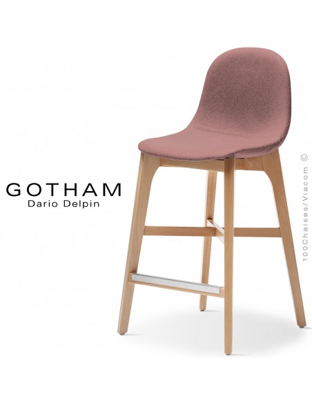 Tabouret de cuisine GOTHAM-WS-SG-65, piétement bois hêtre, assise garnie tissu 301rose