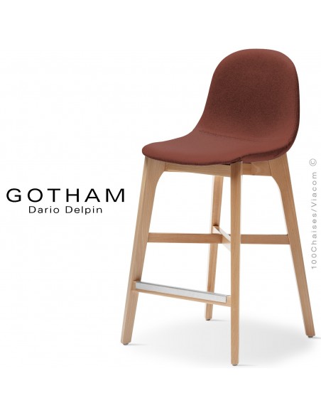 Tabouret de cuisine GOTHAM-WS-SG-65, piétement bois hêtre, assise garnie tissu 302rouge