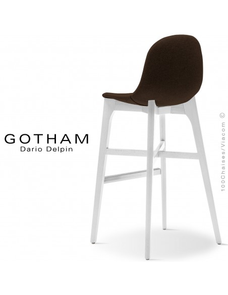 Tabouret de bar GOTHAM-WS-SG-80, piétement bois blanc, assise garnie tissu 404marron