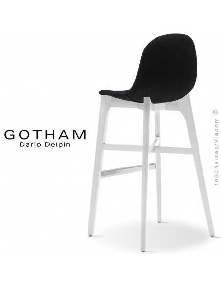 Tabouret de bar GOTHAM-WS-SG-80, piétement bois blanc, assise garnie tissu 702noir