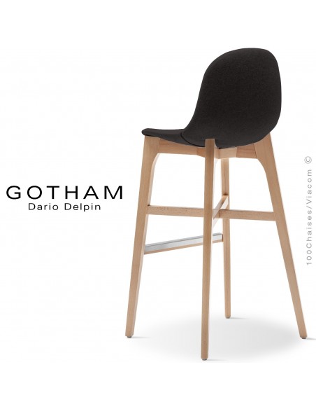 Tabouret de bar GOTHAM-WS-SG-80, piétement bois hêtre, assise garnie tissu 203anthracite