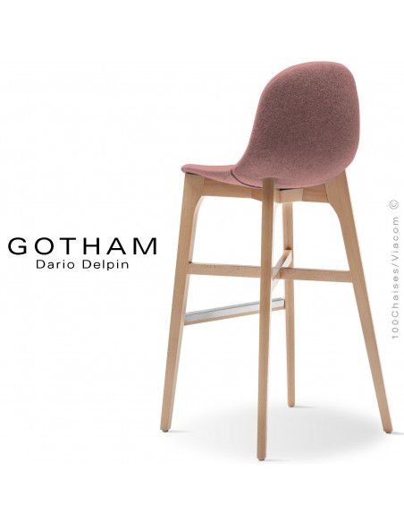 Tabouret de bar GOTHAM-WS-SG-80, piétement bois hêtre, assise garnie tissu 301rose