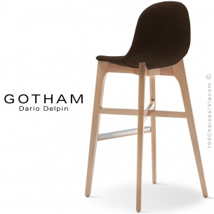 Tabouret de bar GOTHAM-WS-SG-80, piétement bois hêtre, assise garnie tissu 404marron