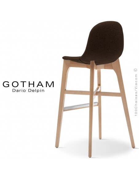 Tabouret de bar GOTHAM-WS-SG-80, piétement bois hêtre, assise garnie tissu 404marron