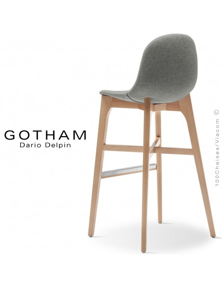 Tabouret de bar GOTHAM-WS-SG-80, piétement bois hêtre, assise garnie tissu 600gris