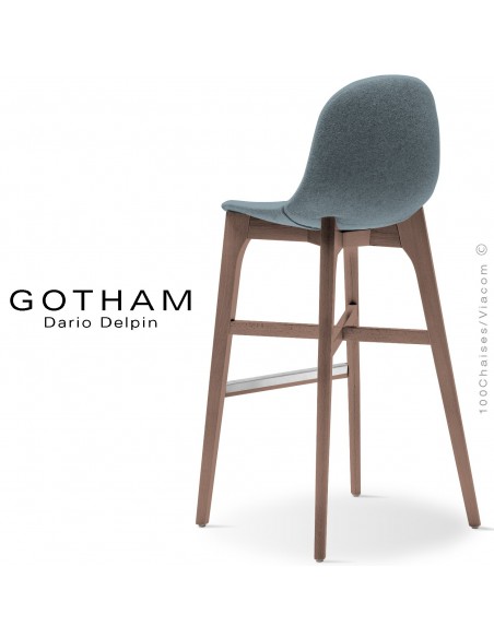 Tabouret de bar GOTHAM-WS-SG-80, piétement bois noyer, assise garnie tissu 7001bleu