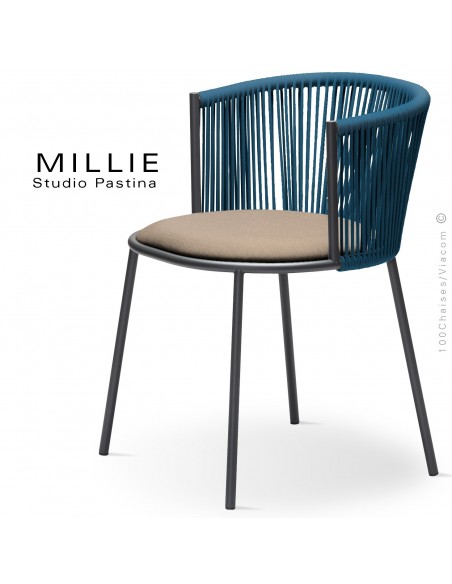 Fauteuil MILLIE SP, piétement acier anthracite, assise tissu 102crème, dossier corde bleu.