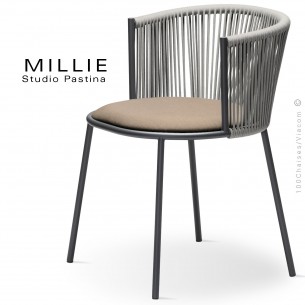 Fauteuil MILLIE SP, piétement acier anthracite, assise tissu 102 crème, dossier tressage corde marine gris.