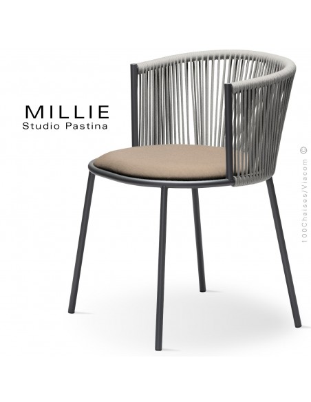 Fauteuil MILLIE SP, piétement acier anthracite, assise tissu 102 crème, dossier tressage corde marine gris.