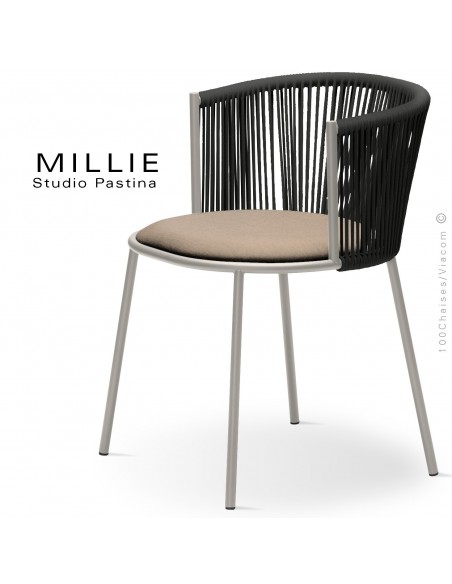 Fauteuil MILLIE SP, piétement acier sand, assise tissu 102crème, dossier corde anthracite