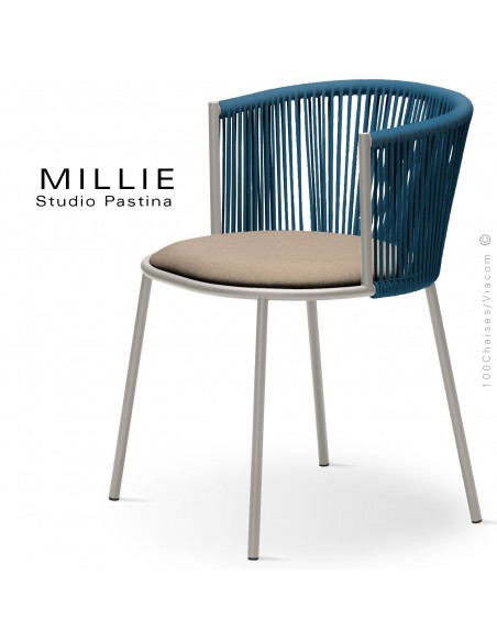 Fauteuil MILLIE SP, piétement acier sand, assise tissu 102crème, dossier corde bleu