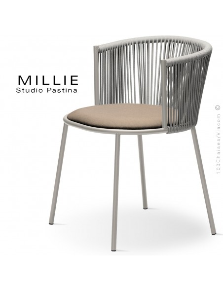 Fauteuil MILLIE SP, piétement acier sand, assise tissu 102crème, dossier corde gris