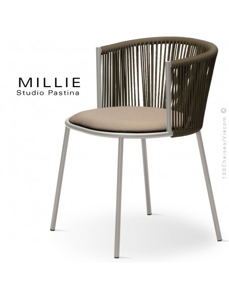 Fauteuil MILLIE SP, piétement acier sand, assise tissu 102crème, dossier corde marron