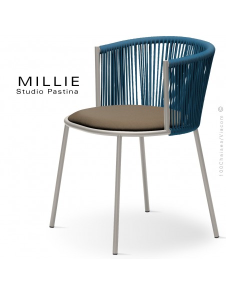 Fauteuil MILLIE SP, piétement acier sand, assise tissu 419marron, dossier corde bleu