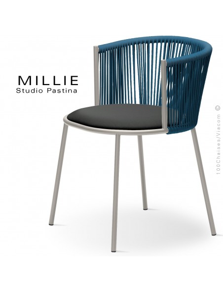 Fauteuil MILLIE SP, piétement acier sand, assise tissu 601noir, dossier corde bleu