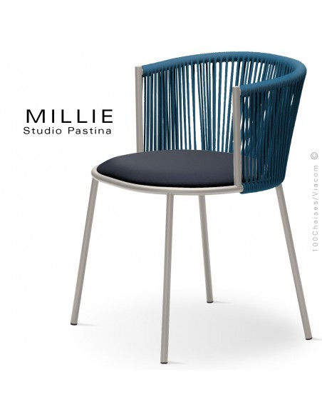 Fauteuil MILLIE SP, piétement acier sand, assise tissu 700bleu marine, dossier corde bleu