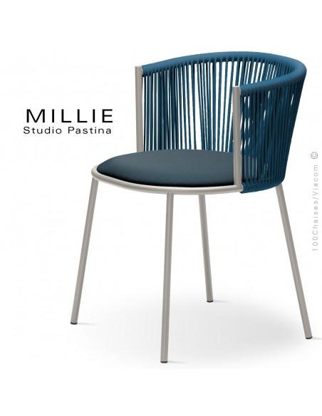 Fauteuil MILLIE SP, piétement acier sand, assise tissu 706bleu, dossier corde bleu