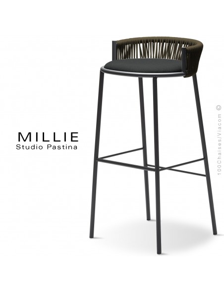 Tabouret de bar MILLIE-SG-80, piétement anthracite, assise 601noir, dossier marron.