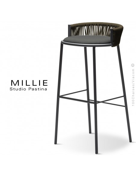 Tabouret de bar MILLIE-SG-80, piétement anthracite, assise 603gris, dossier marron.