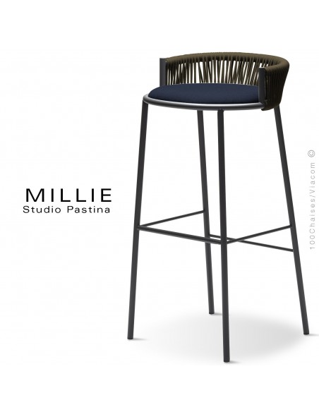 Tabouret de bar MILLIE-SG-80, piétement anthracite, assise 700bleumarine, dossier marron.