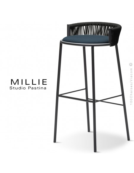 Tabouret de bar MILLIE-SG-80, piétement anthracite, assise 706bleu, dossier anthracite.