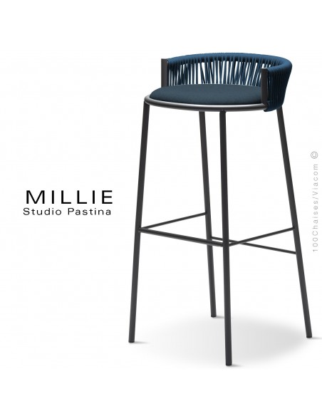 Tabouret de bar MILLIE-SG-80, piétement anthracite, assise 706bleu, dossier bleu.