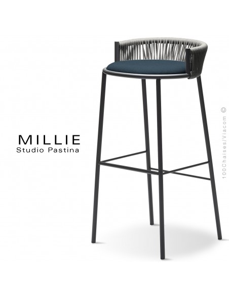 Tabouret de bar MILLIE-SG-80, piétement anthracite, assise 706bleu, dossier gris.