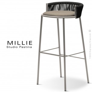 Tabouret de bar MILLIE-SG-80, piétement sable (sand), assise 102 crème, dossier tressage corde anthracite.