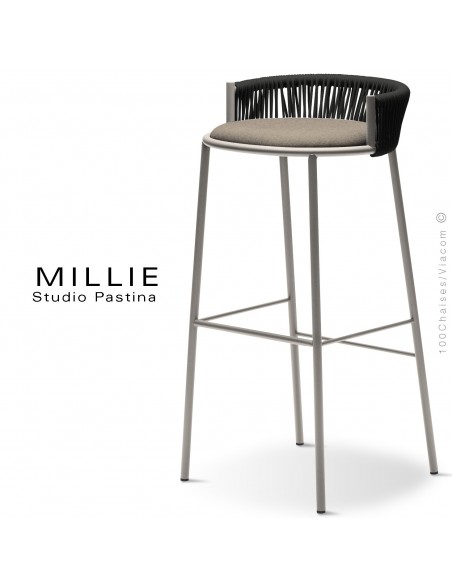 Tabouret de bar MILLIE-SG-80, piétement sable (sand), assise 102 crème, dossier tressage corde anthracite.